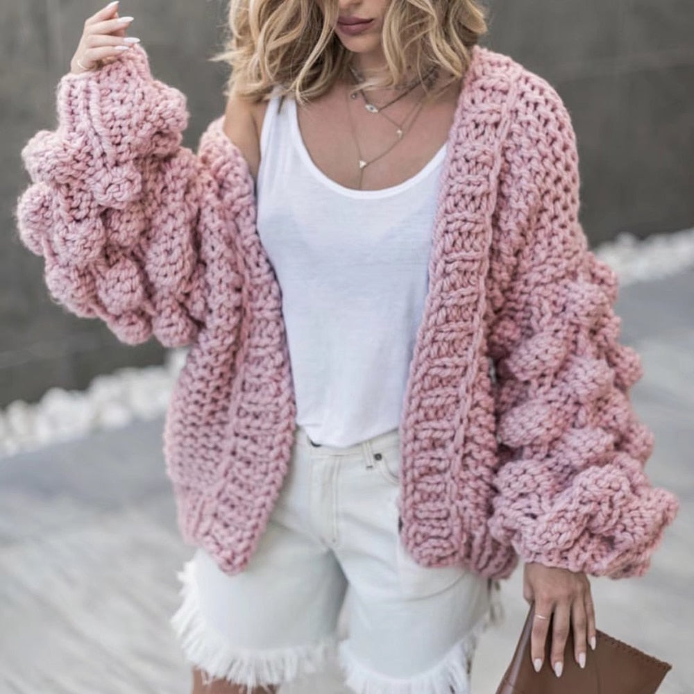 Autumn Winter Thicken Knitwear Cardigan Sweaters Sexy Puff Sleeve Handmade Knitted Cardigans Warm Sweater Outwear Coats Pink
