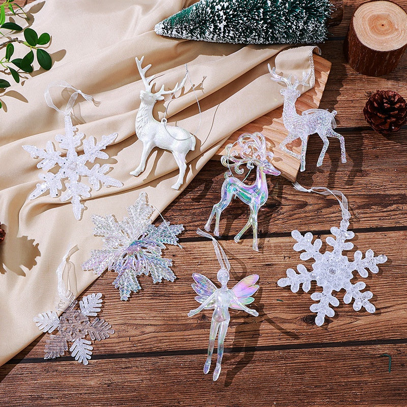 Acrylic Christmas Snowflake Reindeer Ornament Hanging Decoration Transparent Ice Crystal Snowflake Christmas Tree Decorative Atmosphere Arrangement