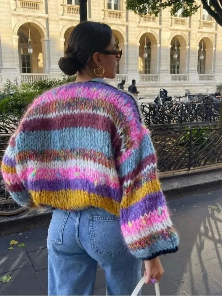 Autumn Striped Crochet Knitted Cardigans Women Lantern Sleeve Open Stitch Sweater Lady Streetwear Contrasting Sweaters