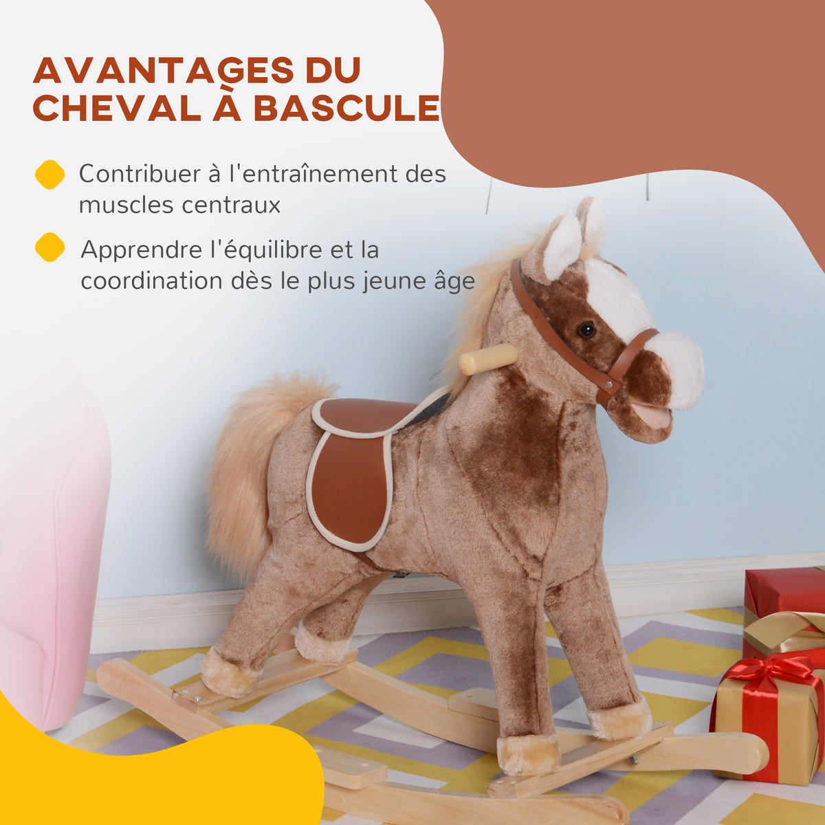 Cheval à Bascule Cheval de Cowboy Selle Grand Confort pour Enfants de 36+Mois Peluche Courte Douce Bois peuplier Charge 40 Kg Brun Blanc-5