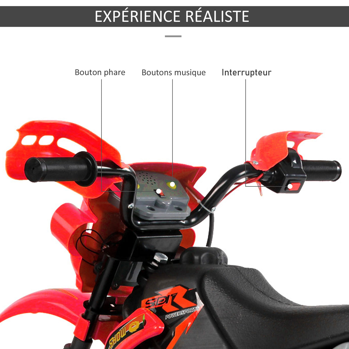 Moto Cross électrique Enfant 3 à 6 Ans 6 V phares klaxon musiques 102 x 58 x 66 cm Rouge et Noir-4