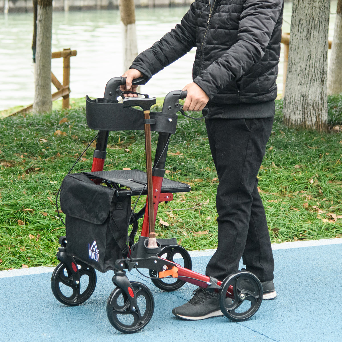 Déambulateur 4 Roues Pliable en Aluminium, Hauteur Réglable 6 Positions, Freins Doubles, Rangement, 64x67x92cm, Rouge-1