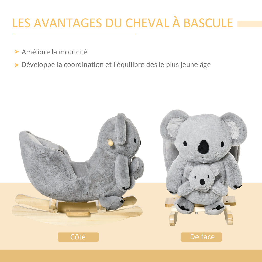 Jouet à Bascule Koala avec marionnette - Effet sonore Rugissement - Fauteuil intégré, Ceinture de sécurité - pour 18-36 mois - Bois peuplier Peluche Courte Polyester Gris-4