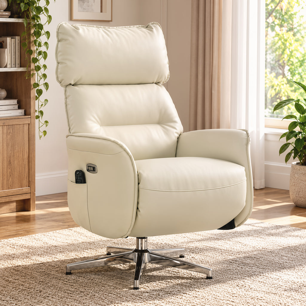 Fauteuil Relax Électrique Pivotant Massant et Chauffant Fauteuil Inclinable en PU Hauteur Réglable Double Moteur Crème-1