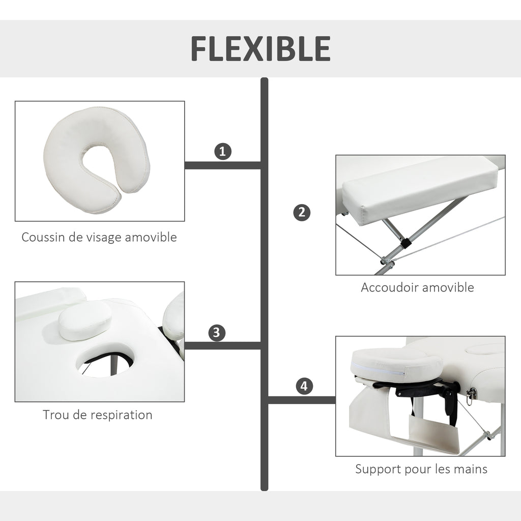 Table de massage 3 zones pliante cosmétique portable charge max. 225 Kg hauteur réglable cadre en alliage blanc-4