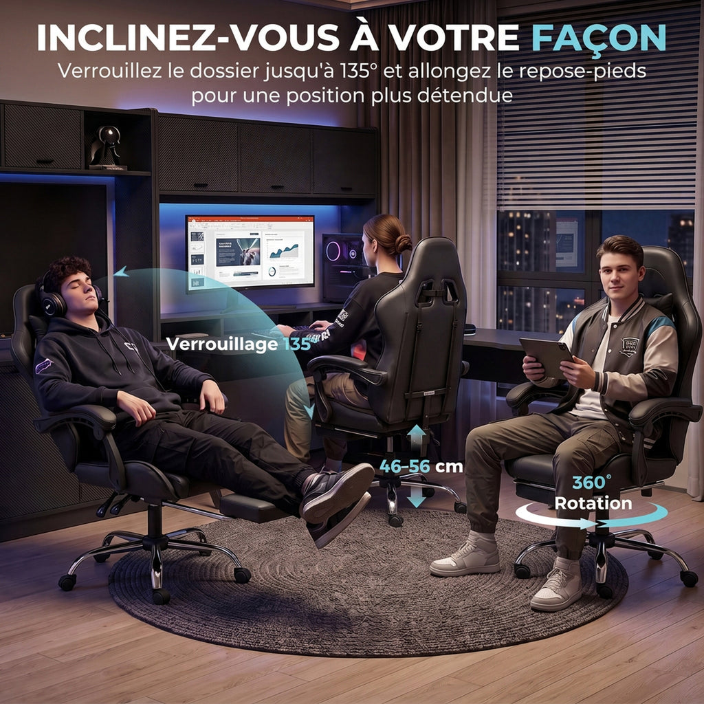 Chaise Gaming Ergonomique avec Coussin Lombaire Massant, Fauteuil Gaming Inclinable en Cuir Synthétique, Noir-5