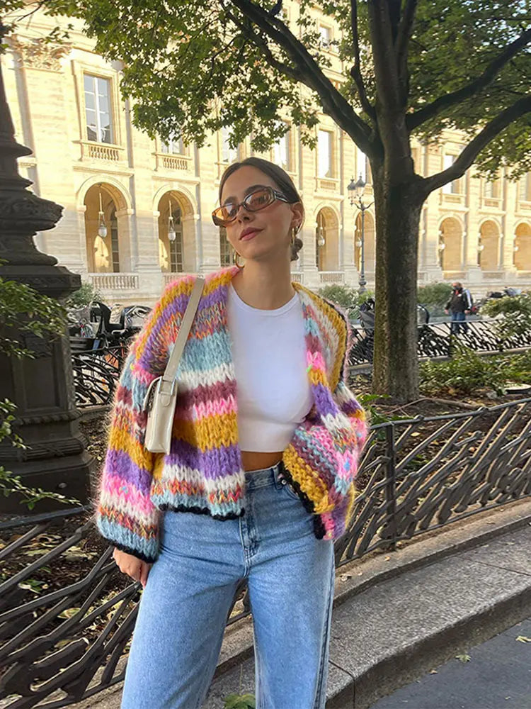 Autumn Striped Crochet Knitted Cardigans Women Lantern Sleeve Open Stitch Sweater Lady Streetwear Contrasting Sweaters
