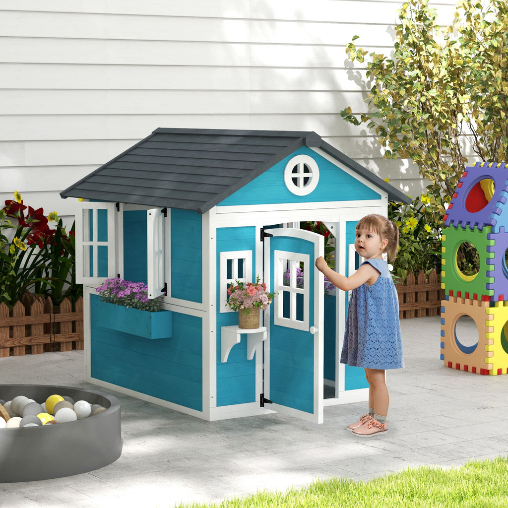 Cabane enfant extérieur maison enfant extérieure avec porte fenêtres et jardinières 114 x 126,4 x 135 cm bleu-9