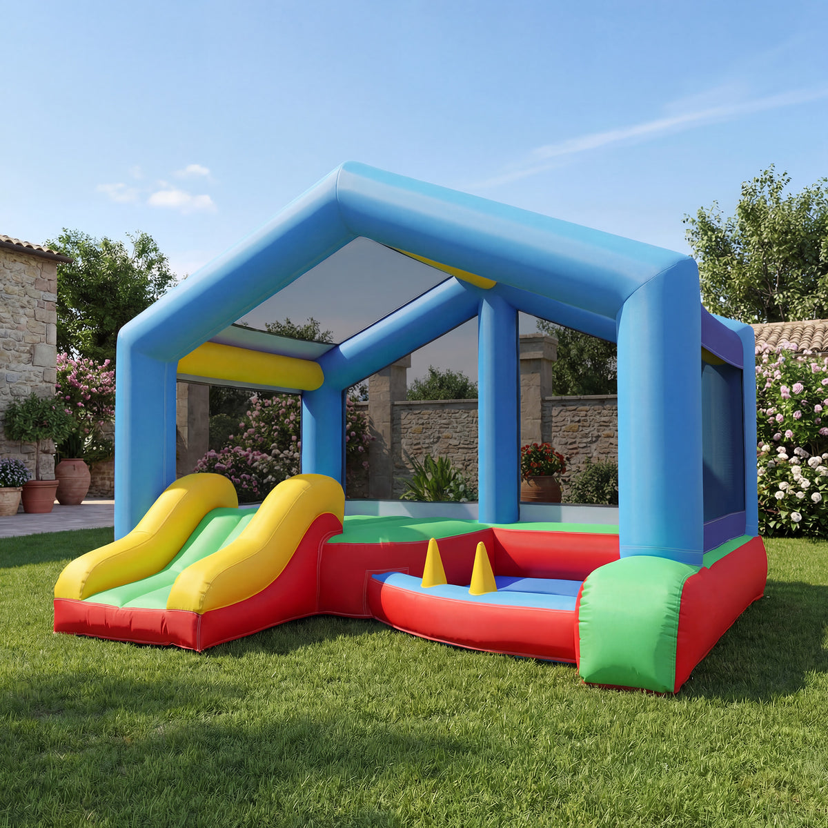Château gonflable 4 en 1, aire de jeux avec souffleur, toboggan, piscine à balles, jeu de lancer d'anneaux, multicolore-1