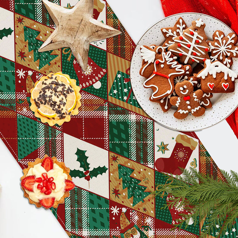 Christmas Socks Printed Table Flag Linen Plaid Printed Tablecloth Festival Party Decoration Tablecloth Tea Flag