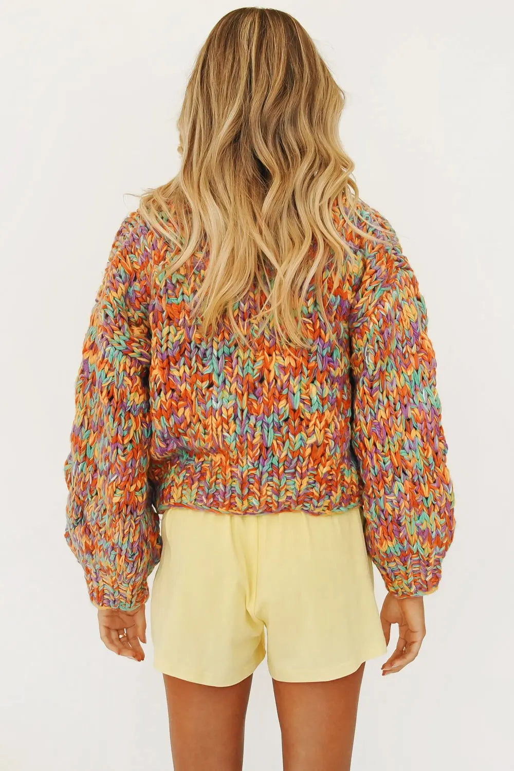 Coarse Wool Knit Cardigan Round Neck Multi-Color Rainbow Sweater For Women Needle Hand Made High Quality C-197