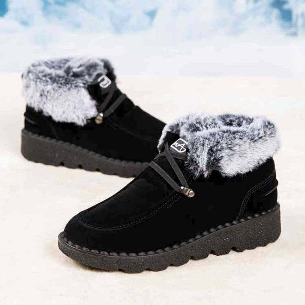 Flat bottomed snow boots for women with thick lace up fleece short boots