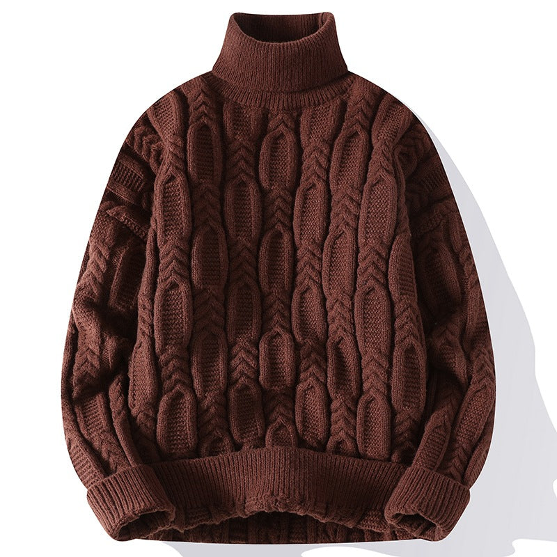 Anyang Dark Red Cable Knit Turtleneck Sweater Thickened Unisex Outerwear