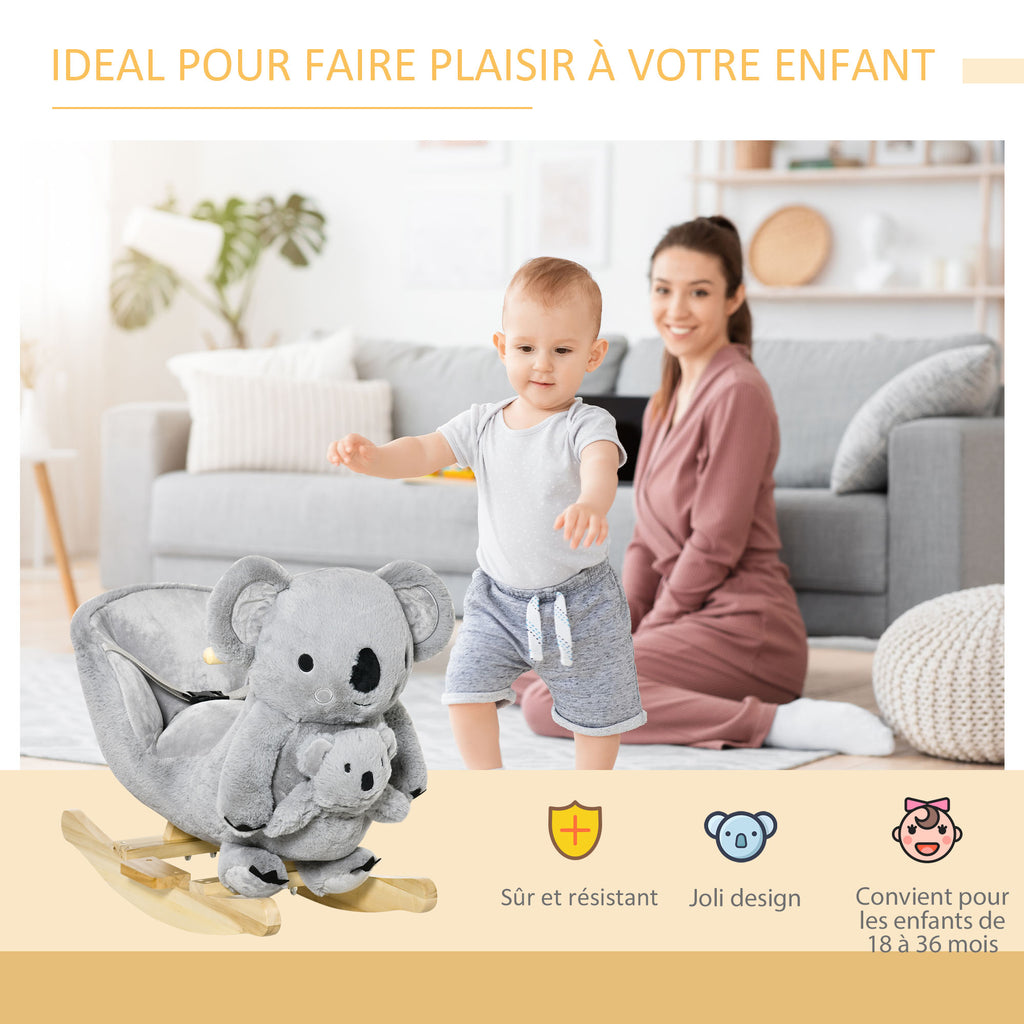 Jouet à Bascule Koala avec marionnette - Effet sonore Rugissement - Fauteuil intégré, Ceinture de sécurité - pour 18-36 mois - Bois peuplier Peluche Courte Polyester Gris-3