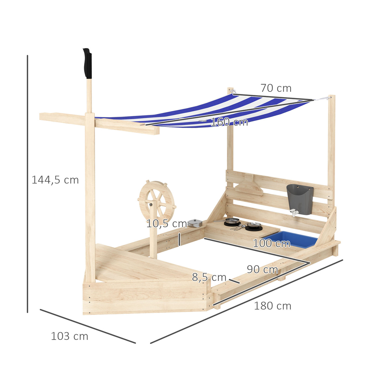 Bac à sable en bois avec jeu de cuisine 6 accessoires coffre rangement gouvernail drapeau 180 x 103 x 144,5 cm naturel-2