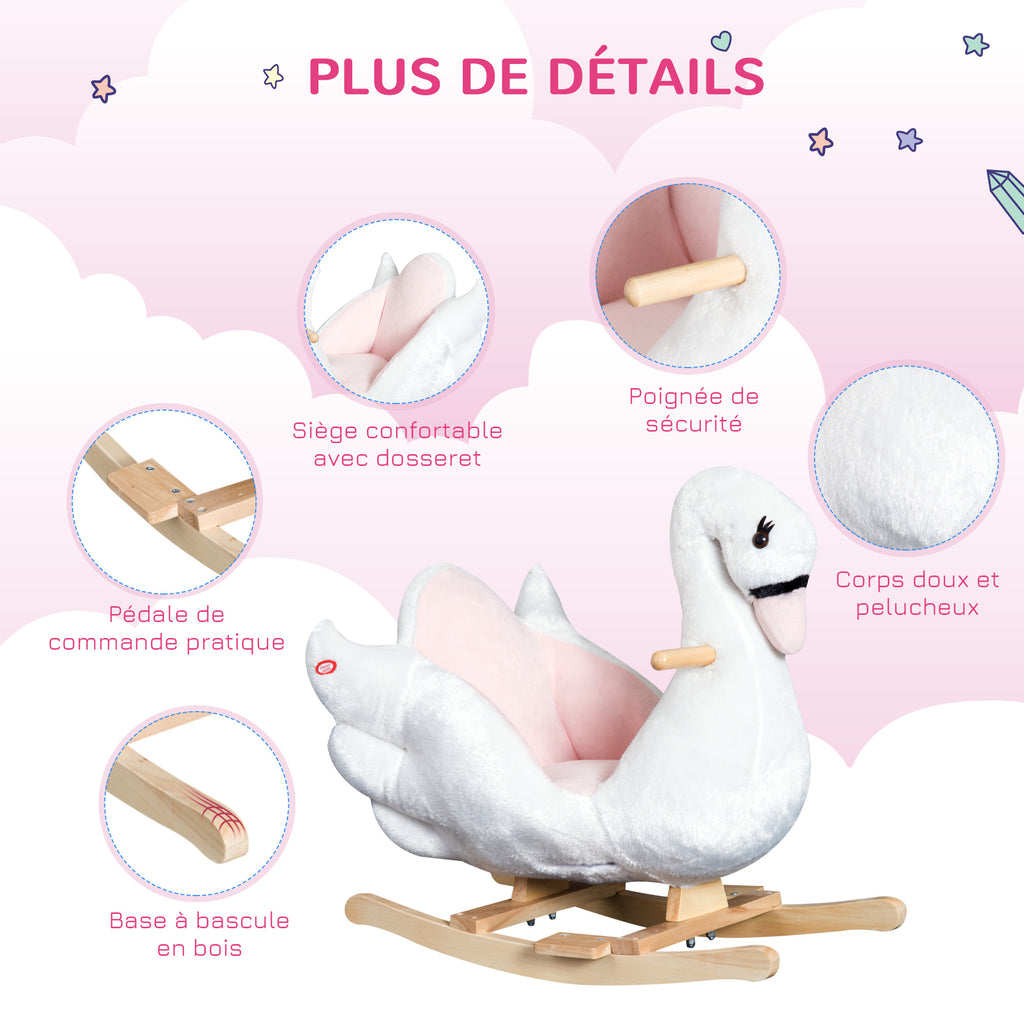 Jouet à bascule cygne à bascule pour enfant de 18 mois et plus fonction musique pieds en bois - blanc et rose-5