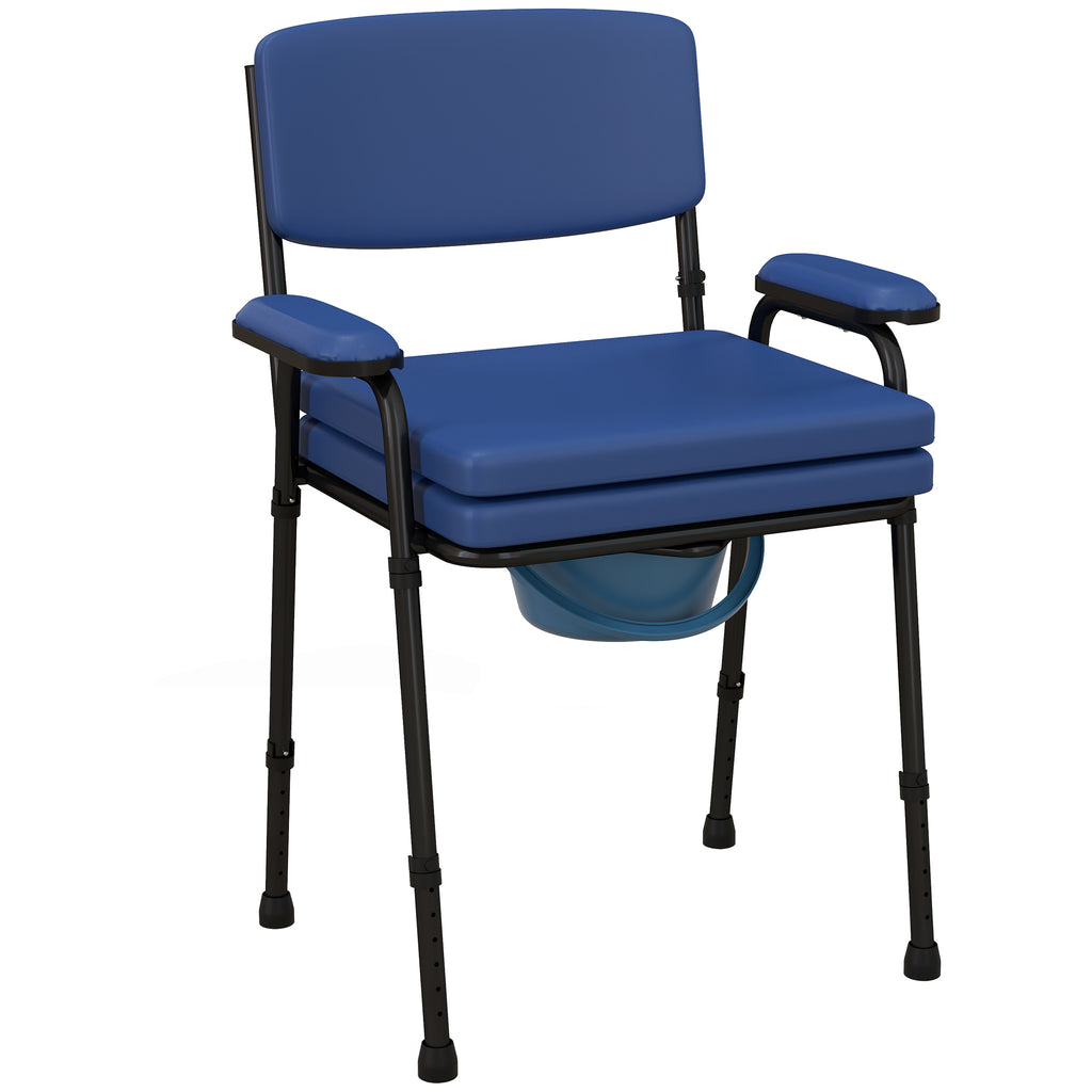 Chaise percée toilette multifonctions seau amovible hauteur réglable avec dossier siège et accoudoirs rembourrés bleu-0