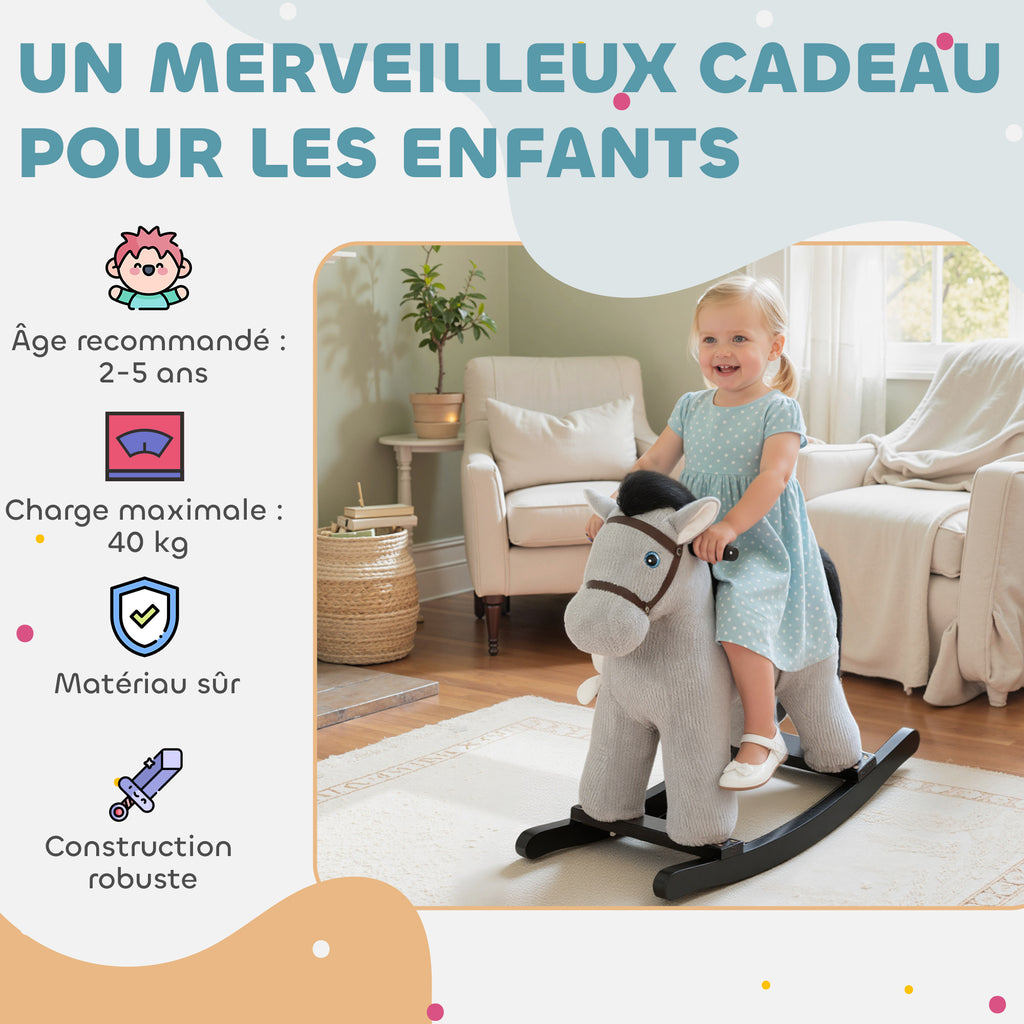 Cheval à bascule pour enfants, jouet à bascule bébé en peluche avec eouetffet sonore et poupée, 65 x 26 x 55 cm, gris-8