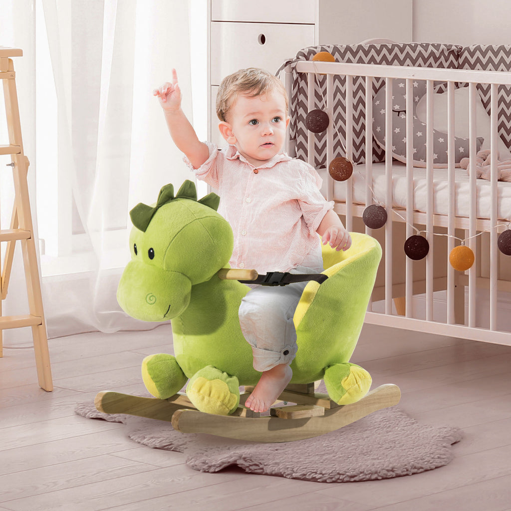 Jouet à Bascule Dinosaure Ceinture de sécurité Effet sonore 32 chansons pour enfants de 18+ Mois Bois Peluche Verte-9