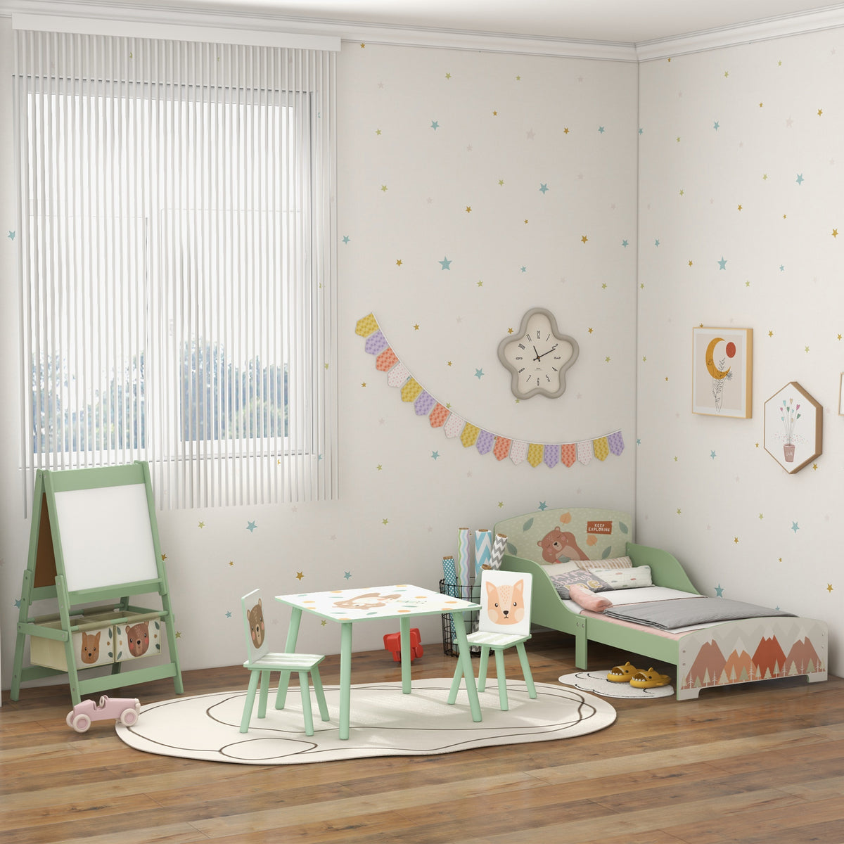 Lit pour enfant 3-6 ans avec barrières de sécurité et motifs dim. 77 x 143 x 60 cm sommier à lattes inclus - Vert-8