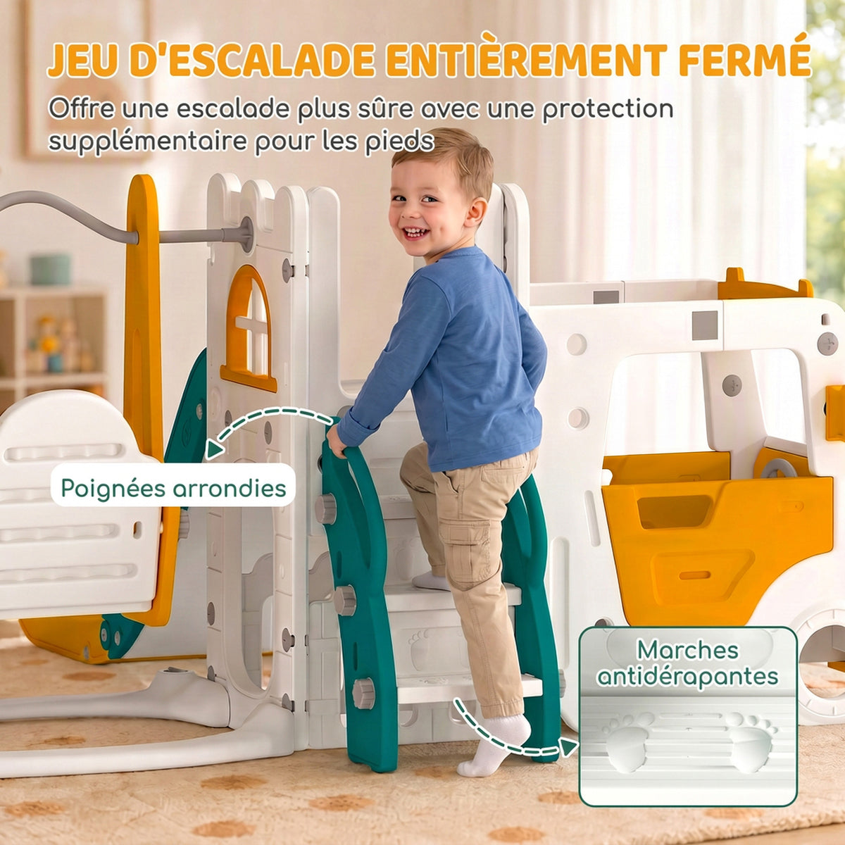 Ensemble Toboggan et Balançoire 7 en 1 pour Enfants, Aire de Jeux Intérieure, Thème Voiture, pour 1-4 Ans, Blanc-6