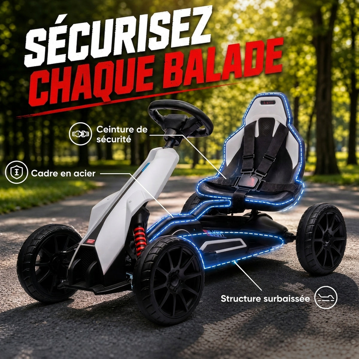 Kart électrique pour enfant 12V - Vitesse réglable 3-5km/h pour enfants de 3 à 8 ans - siège réglable - blanc-6