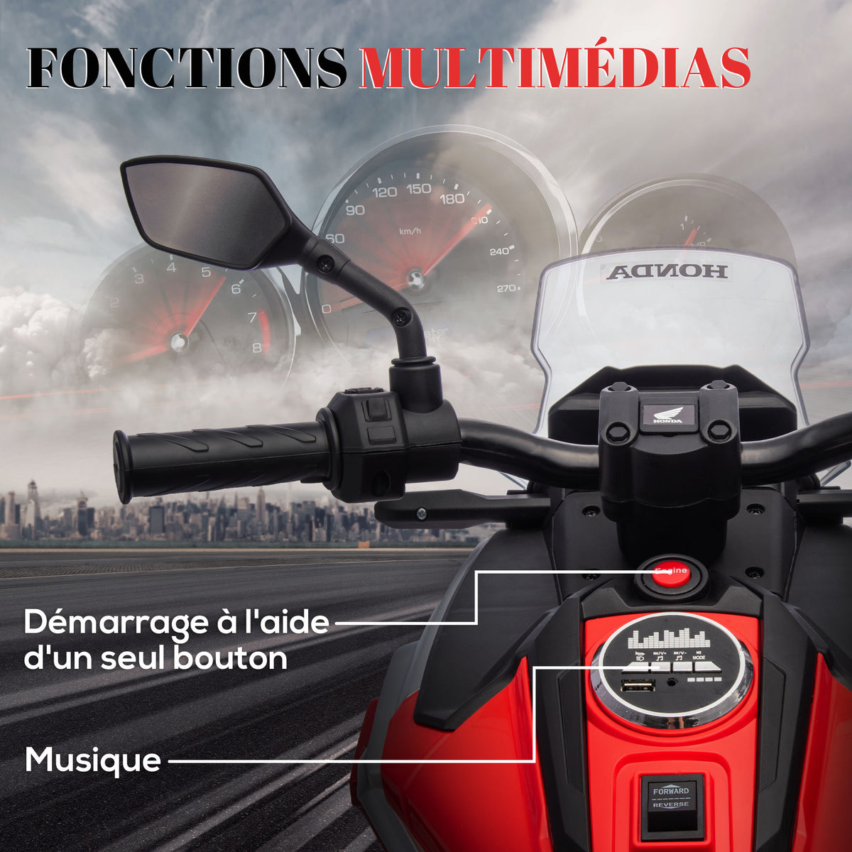 Moto électrique pour enfants 12V moto porteur Honda pour enfants 3 à 6 ans avec musique, phares rouge-4