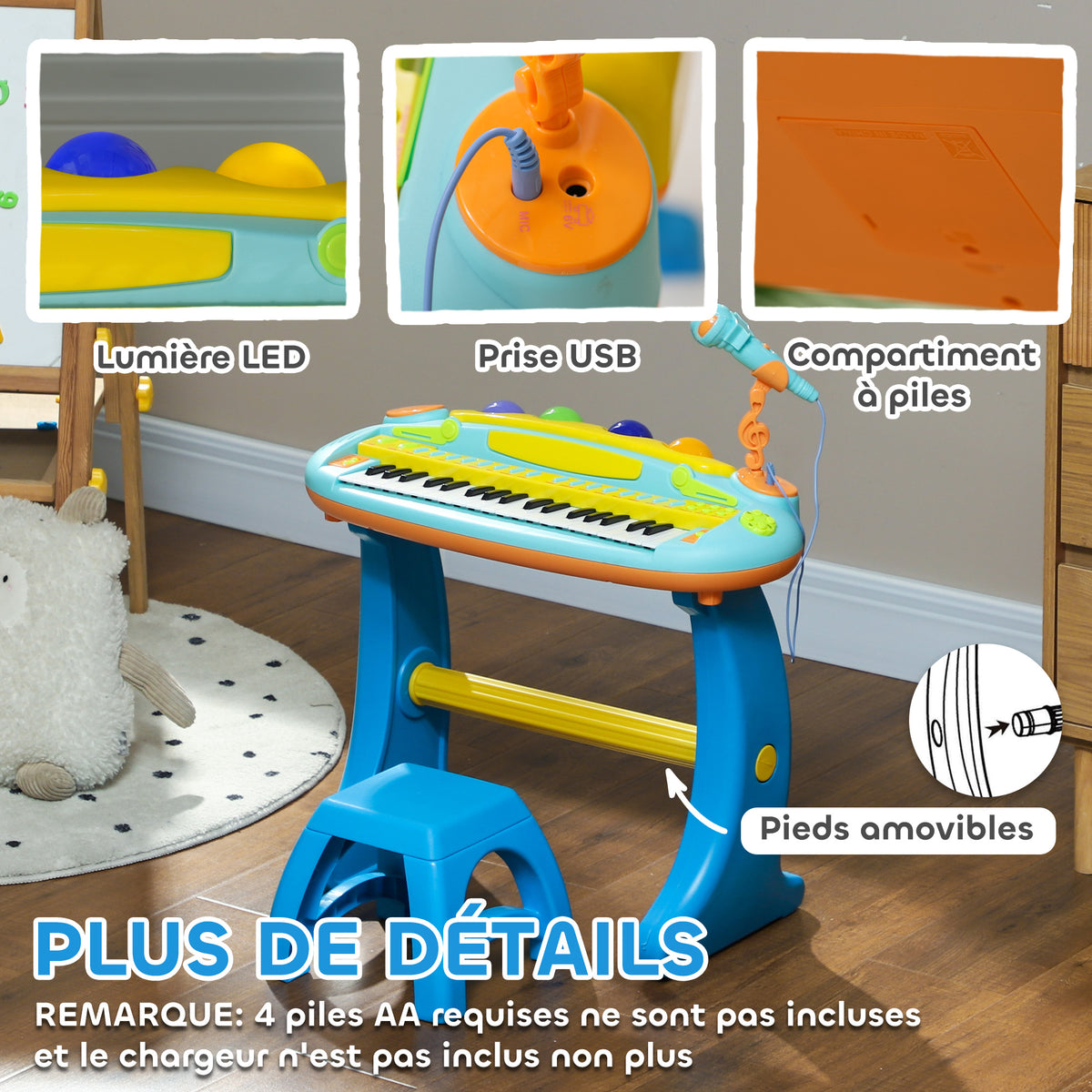 Piano enfant électronique 37 touches, avec micro, tabouret, lumière LED, fonction d'enregistrement et de relecture-5