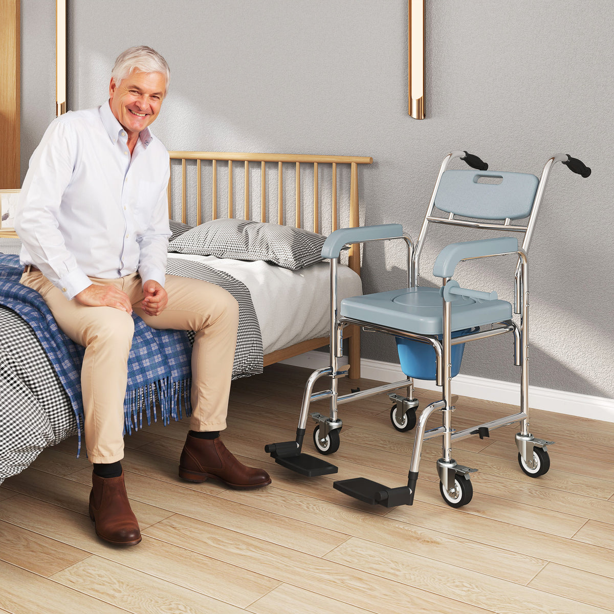 Chaise percée adulte à roulettes, chaise percée de douche avec repose-pieds, dossier et accoudoirs, 53x97x97cm, gris-1