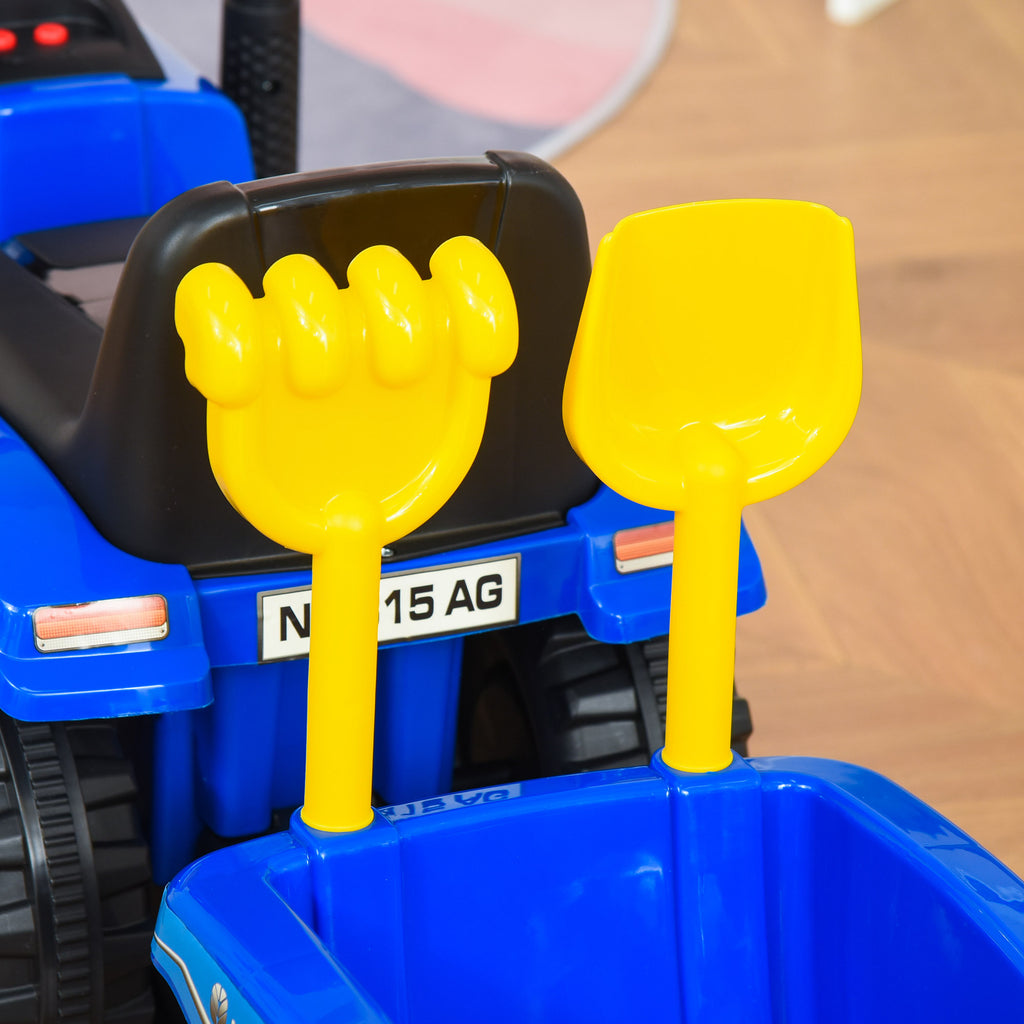 Porteur tracteur enfants avec coffre amovible, râteau et pelle, voiture enfants avec lumière LED et klaxon, bleu-7