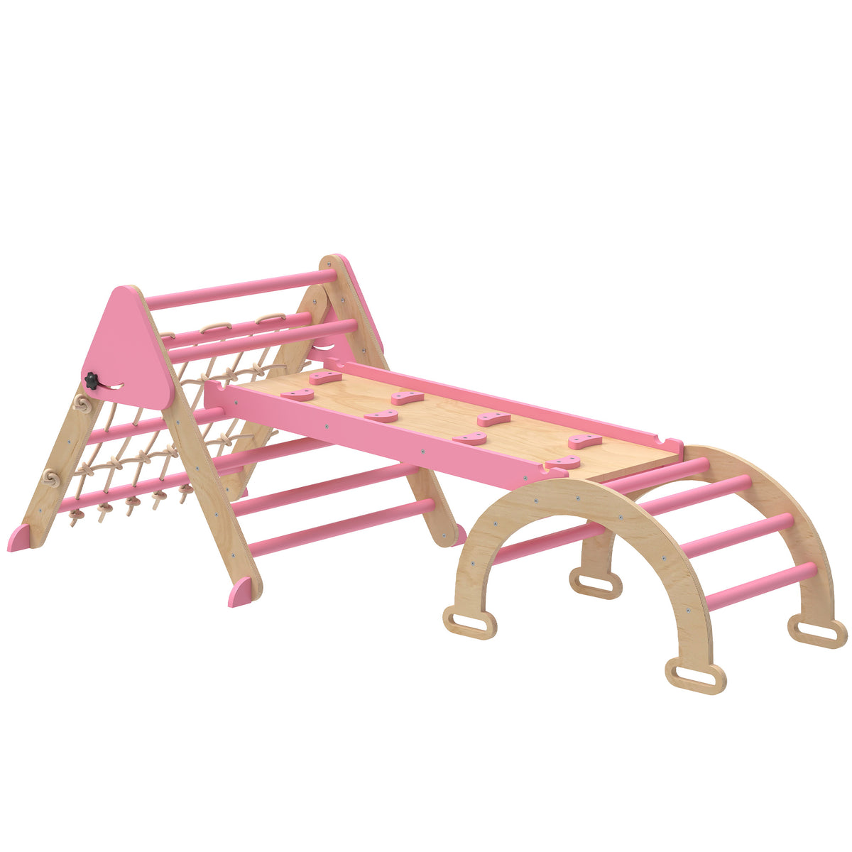 Triangle d'escalade enfants 8 en 1 avec rampe double face, arc d'escalade en bois avec toboggan & échelle, rose-0