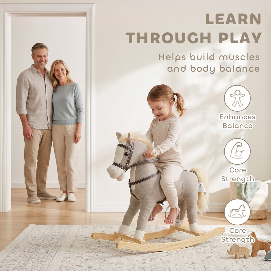 Cheval à bascule pour enfants, jouet à bascule bébé en tissu effet lin avec effets sonores et poignées de sécurité, gris-7