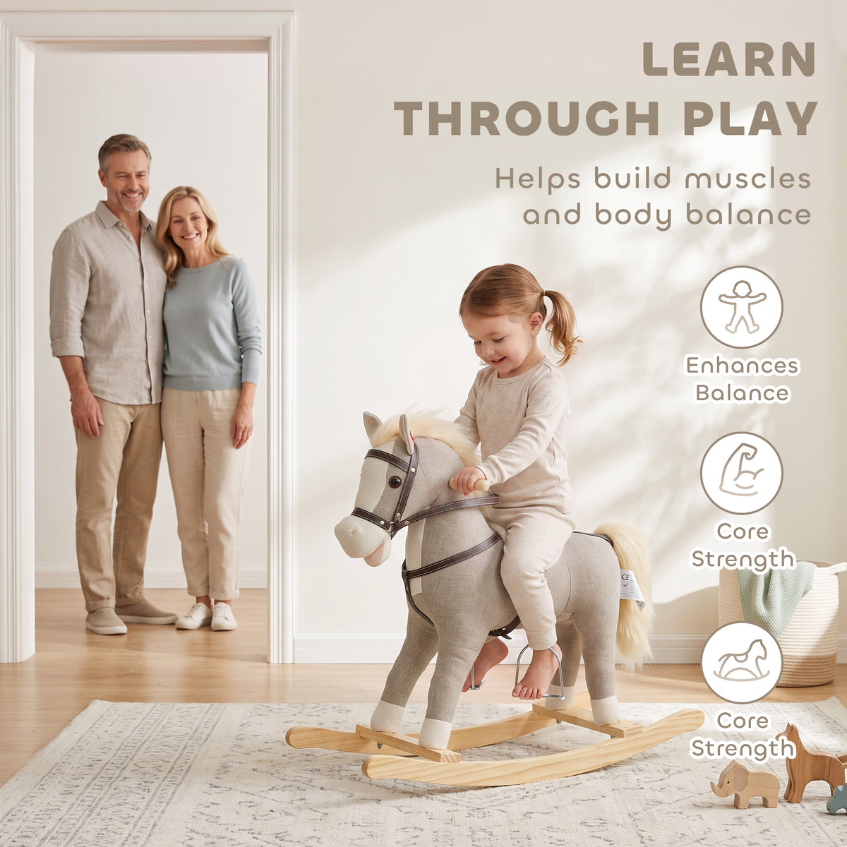 Cheval à bascule pour enfants, jouet à bascule bébé en tissu effet lin avec effets sonores et poignées de sécurité, gris-7
