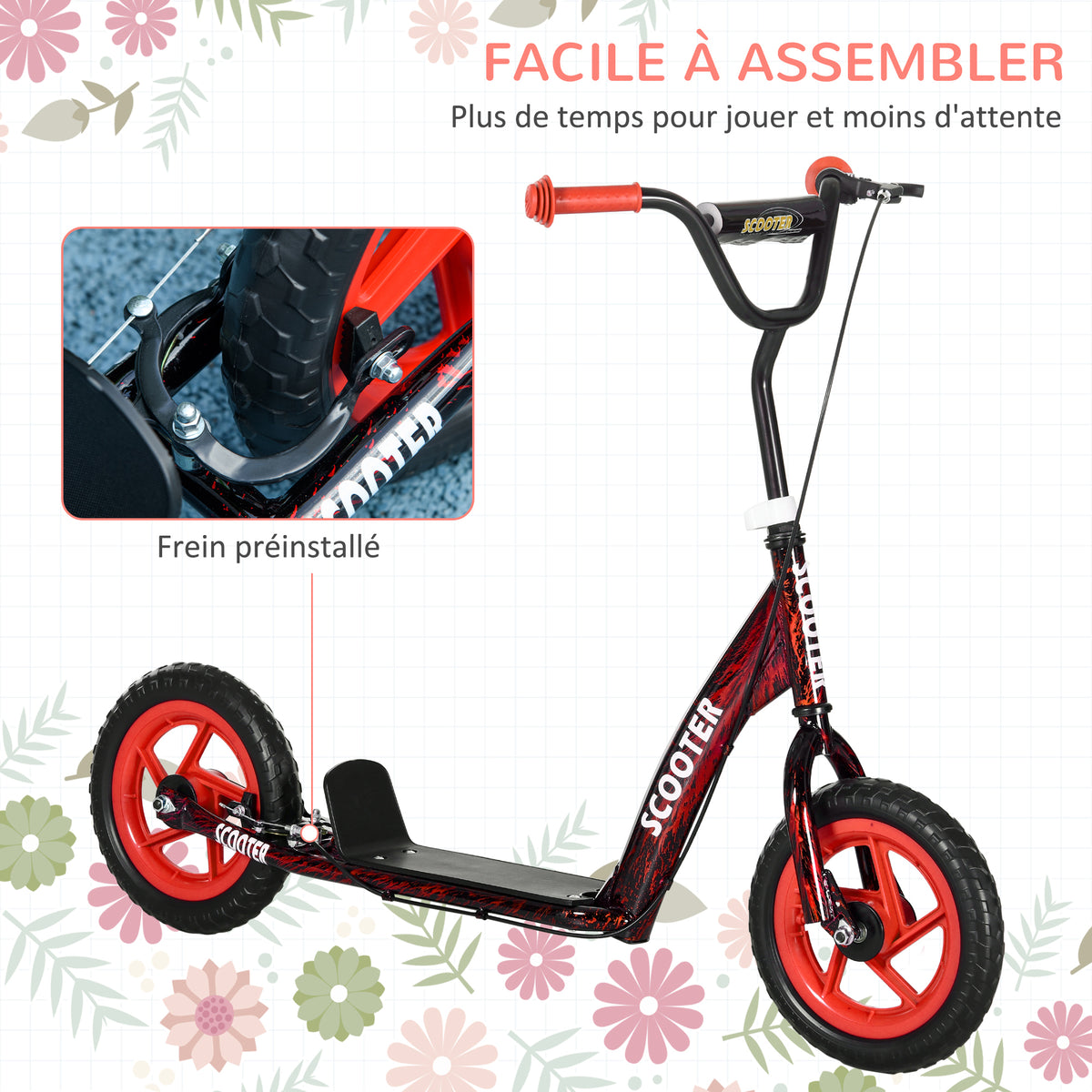 Trottinette patinette scooter enfant grandes roues de 6 à 12 ans hauteur réglable frein arrière béquille rouge-4