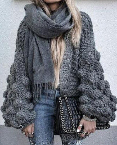 Autumn Winter Thicken Knitwear Cardigan Sweaters Sexy Puff Sleeve Handmade Knitted Cardigans Warm Sweater Outwear Coats Pink