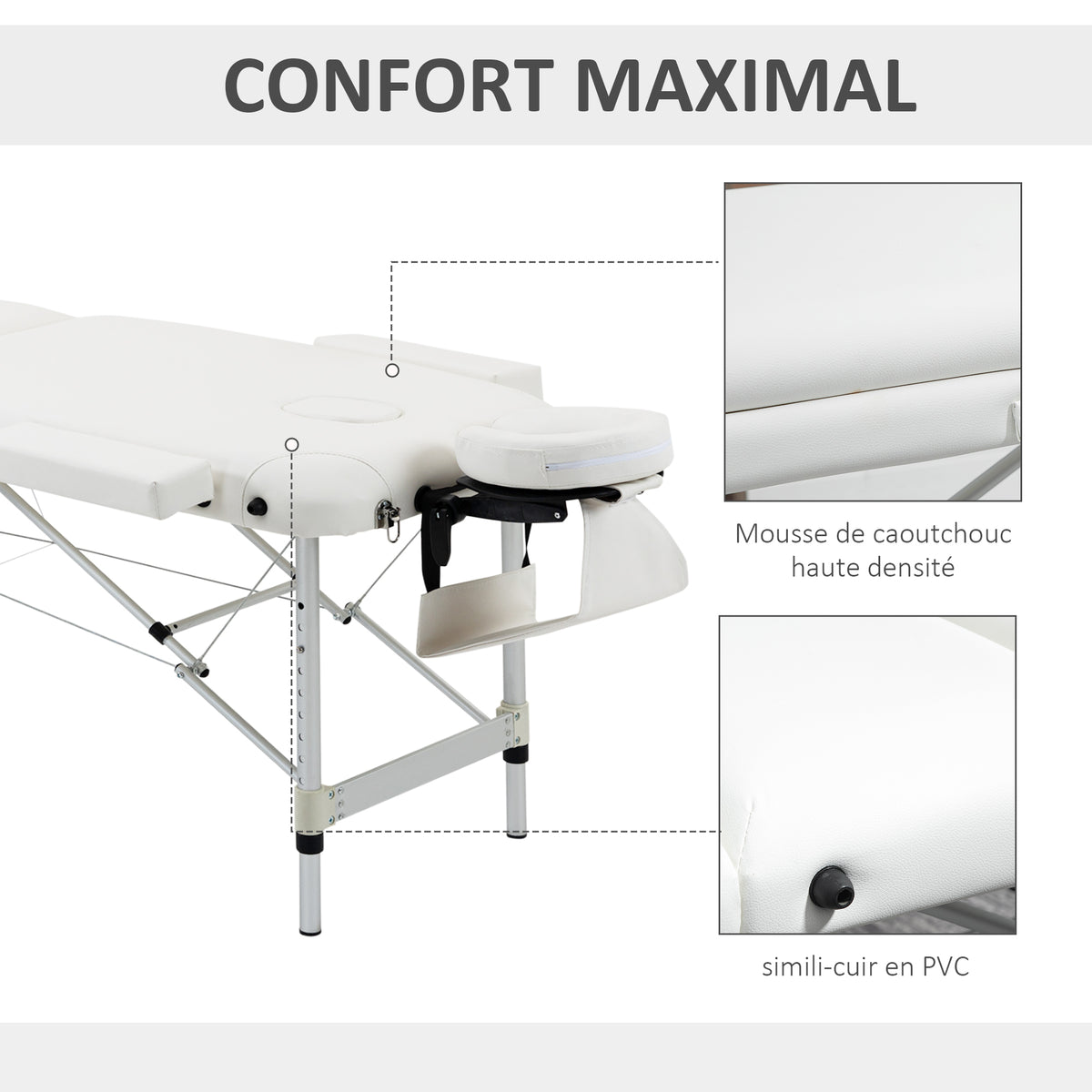 Table de massage 3 zones pliante cosmétique portable charge max. 225 Kg hauteur réglable cadre en alliage blanc-5