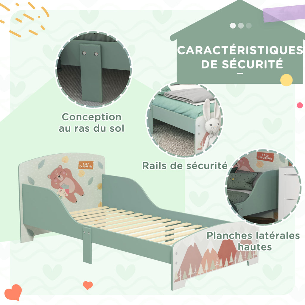 Lit pour enfant 3-6 ans avec barrières de sécurité et motifs dim. 77 x 143 x 60 cm sommier à lattes inclus - Vert-4