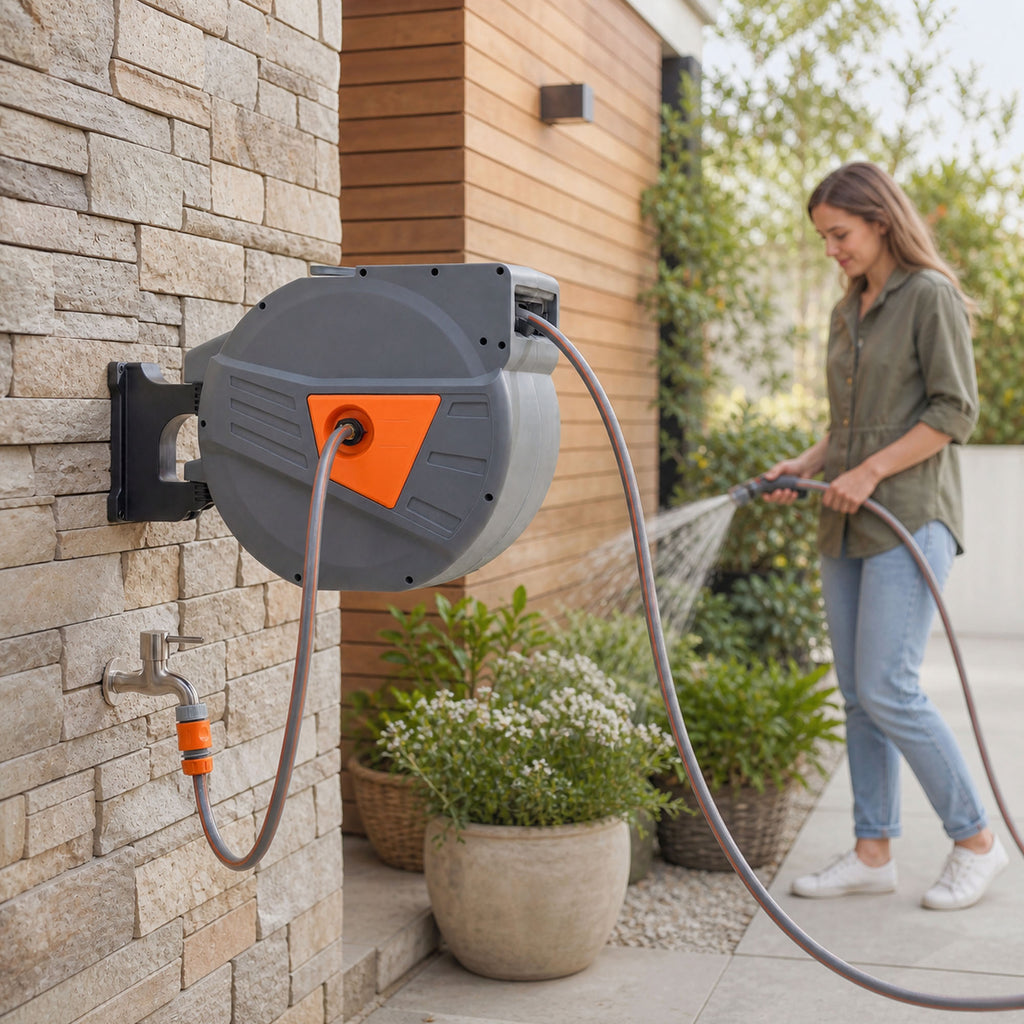 Enrouleur Tuyau Arrosage Mural 40+2 m x Ø 15mm, Dévidoir de Tuyaux d'Eau Rétractable Automatique Pivotant à 180°, Orange-9