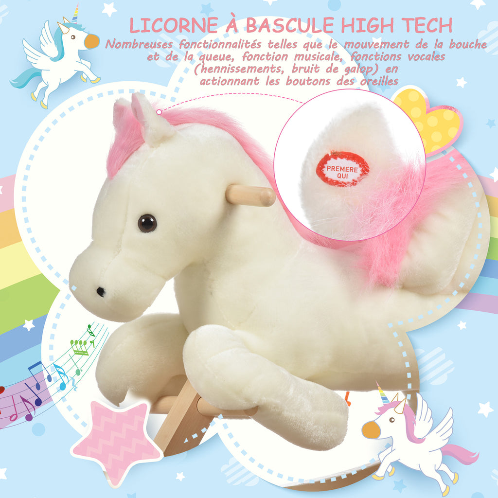 Cheval à Bascule Fonction Musicale Selle Grand Confort Peluche Courte Douce Pour Enfants 18-36 Mois Bois peuplier Blanc et Rose dim. 70L x 28l x 57H cm-5
