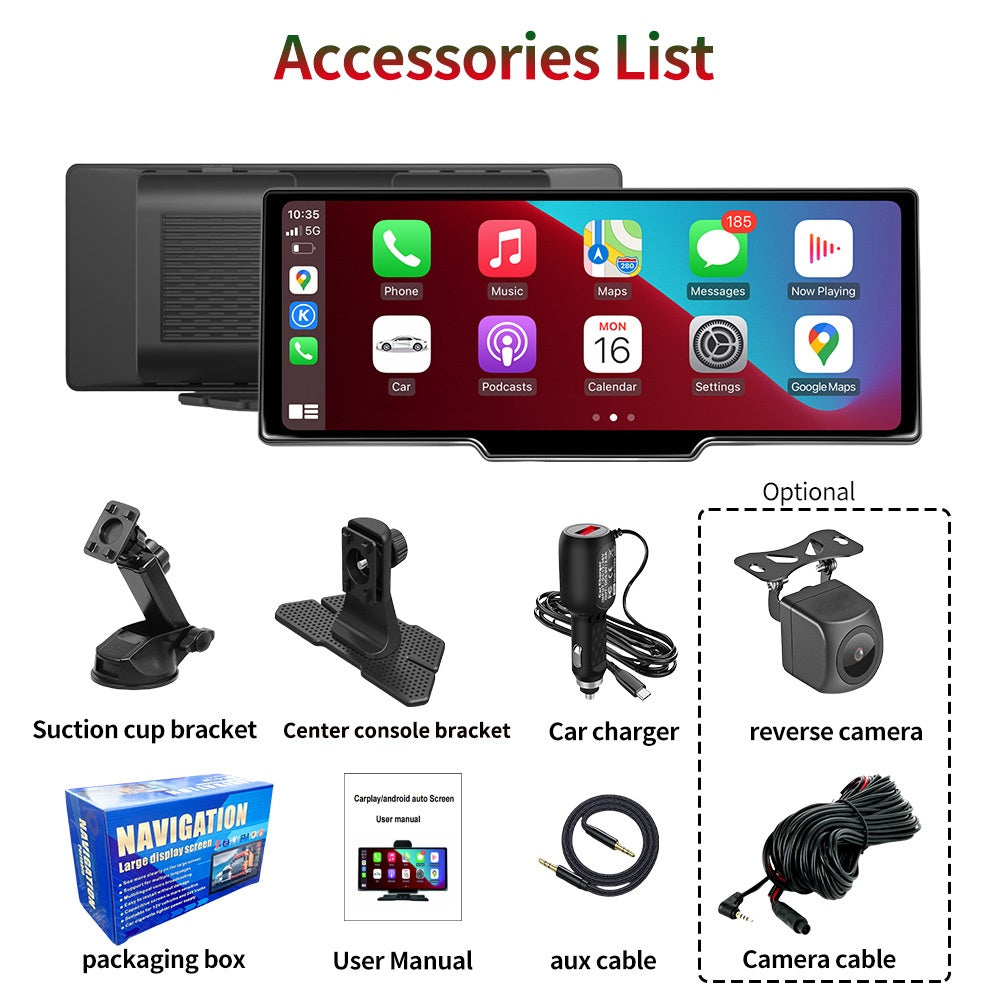 10.26-inch Portable Car Central Control Smart Screen with Wireless CarPlay, Android Auto, Bluetooth, and AHD Backup Camera
