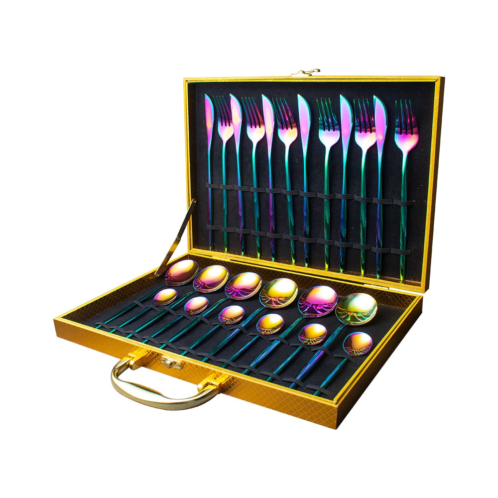 24pcs Gold Dinnerware Set Stainless Steel Tableware Set Knife Fork Spoon Luxury Cutlery Set Gift Box