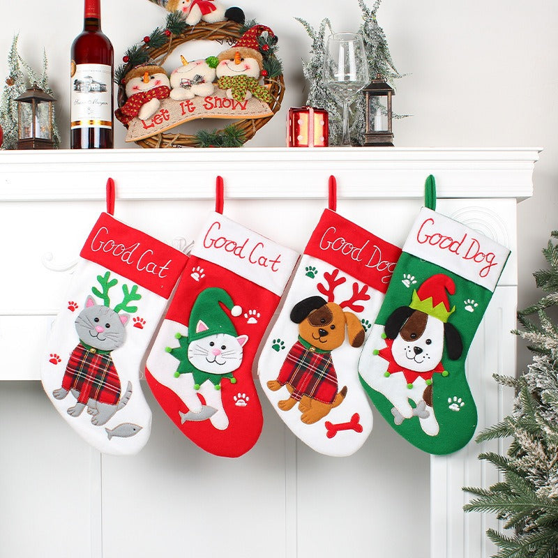 Cute Cat and Dog Christmas Socks Cartoon Christmas Socks Pendant Christmas Tree Gift Bag Decorative Socks