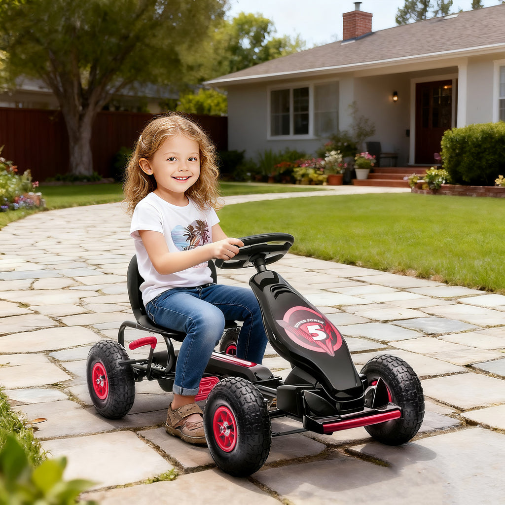 Kart à pédales pour enfant siège réglable 3 positions frein à main enfant de 5 à 12 ans rouge noir-1