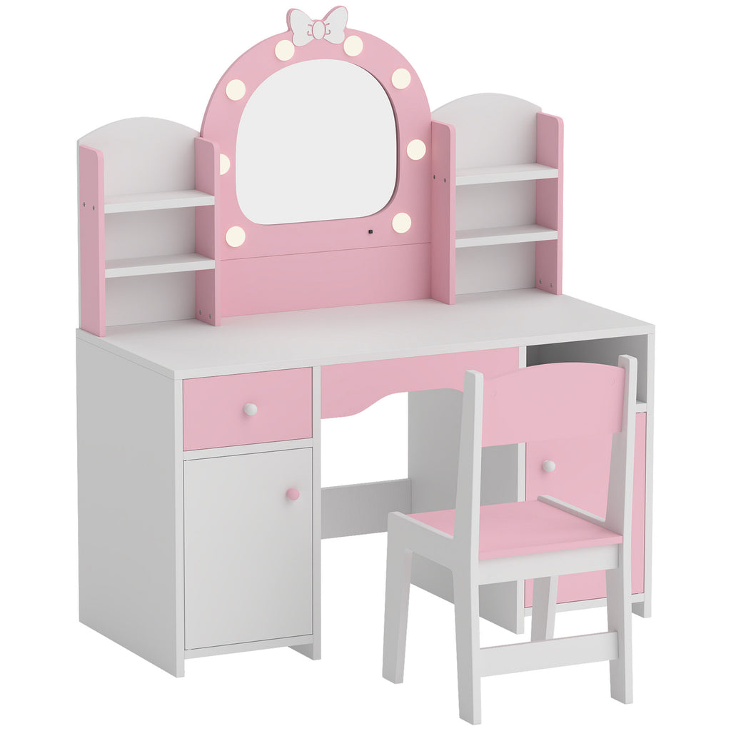 Coiffeuse pour Enfants avec Tabouret et Miroir Lumineux à 2 Couleurs en Acrylique, pour 3-8 Ans, 90 x 41 x 104 cm, Rose-0