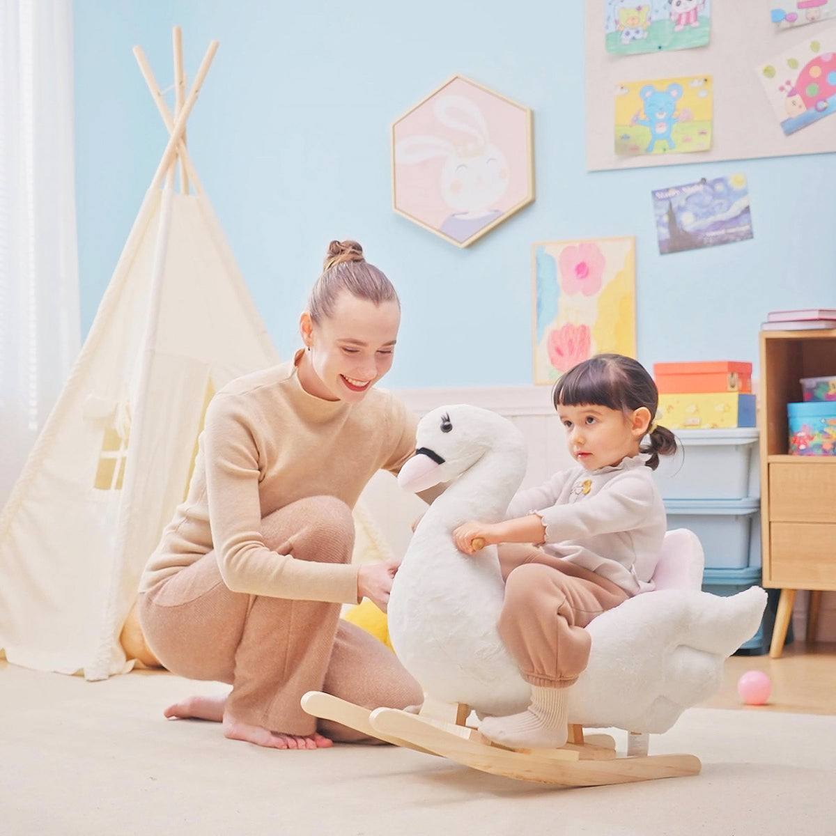 Jouet à bascule cygne à bascule pour enfant de 18 mois et plus fonction musique pieds en bois - blanc et rose-1