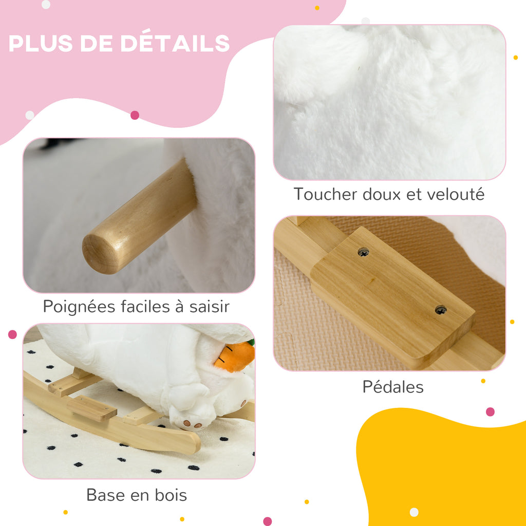Jouet à bascule modèle lapin fonction musicale selle grand confort peluche courte douce bois peuplier 18-36 mois blanc-6