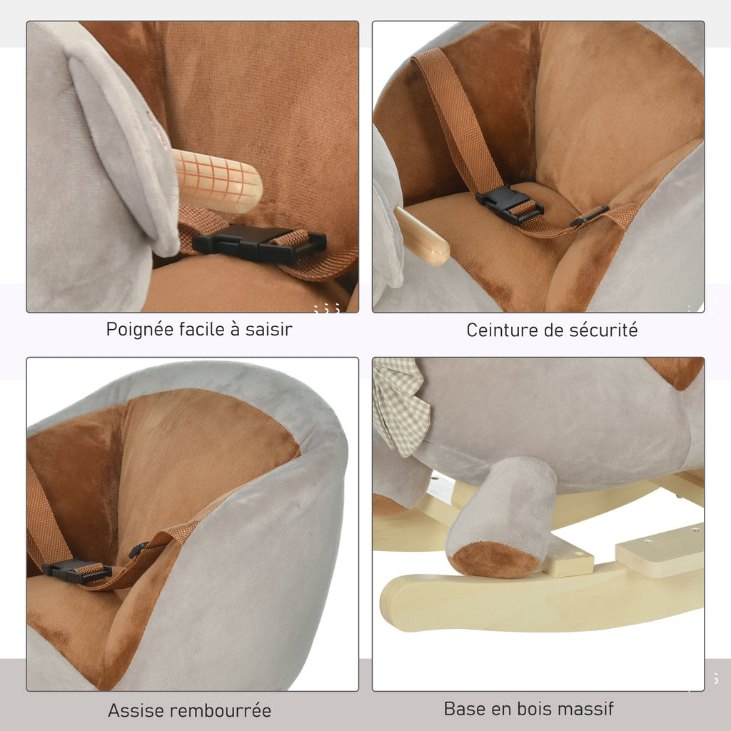Cheval à Bascule Jouet à Bascule Ourson pour Enfants de 18-36 Mois Fauteuil intégré Ceinture de sécurité Fonction sonore grognement Gris Marron-5