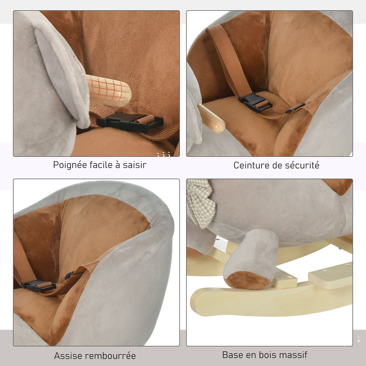 Cheval à Bascule Jouet à Bascule Ourson pour Enfants de 18-36 Mois Fauteuil intégré Ceinture de sécurité Fonction sonore grognement Gris Marron-5