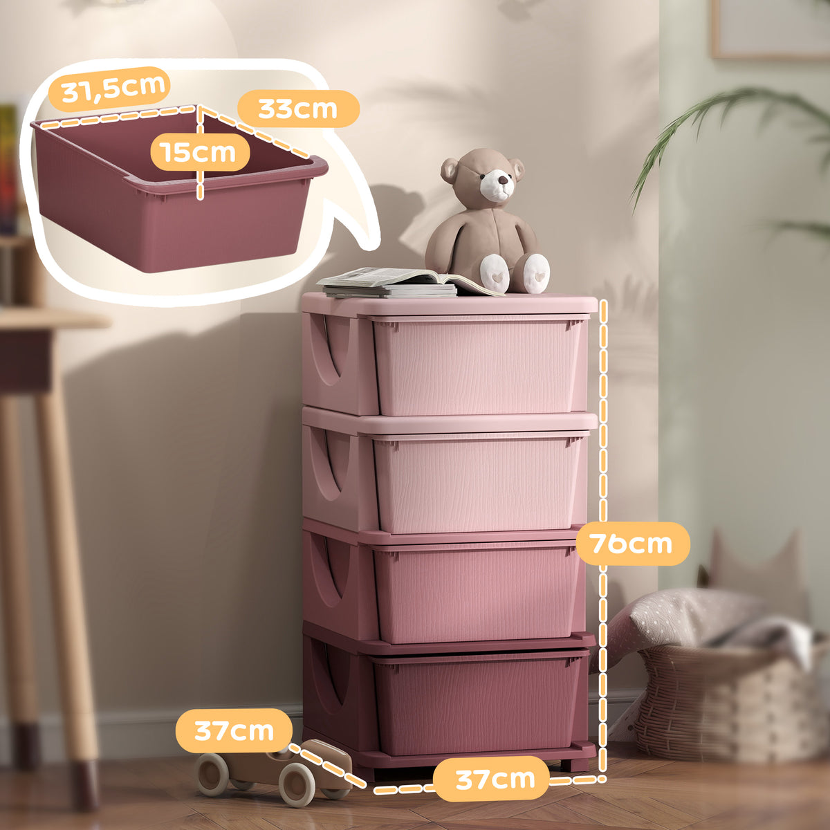 Organisateur de jouets pour enfants avec 4 tiroirs à 4 niveaux, boîtes de rangement en plastique, 37 x 37 x 76 cm, rose-2