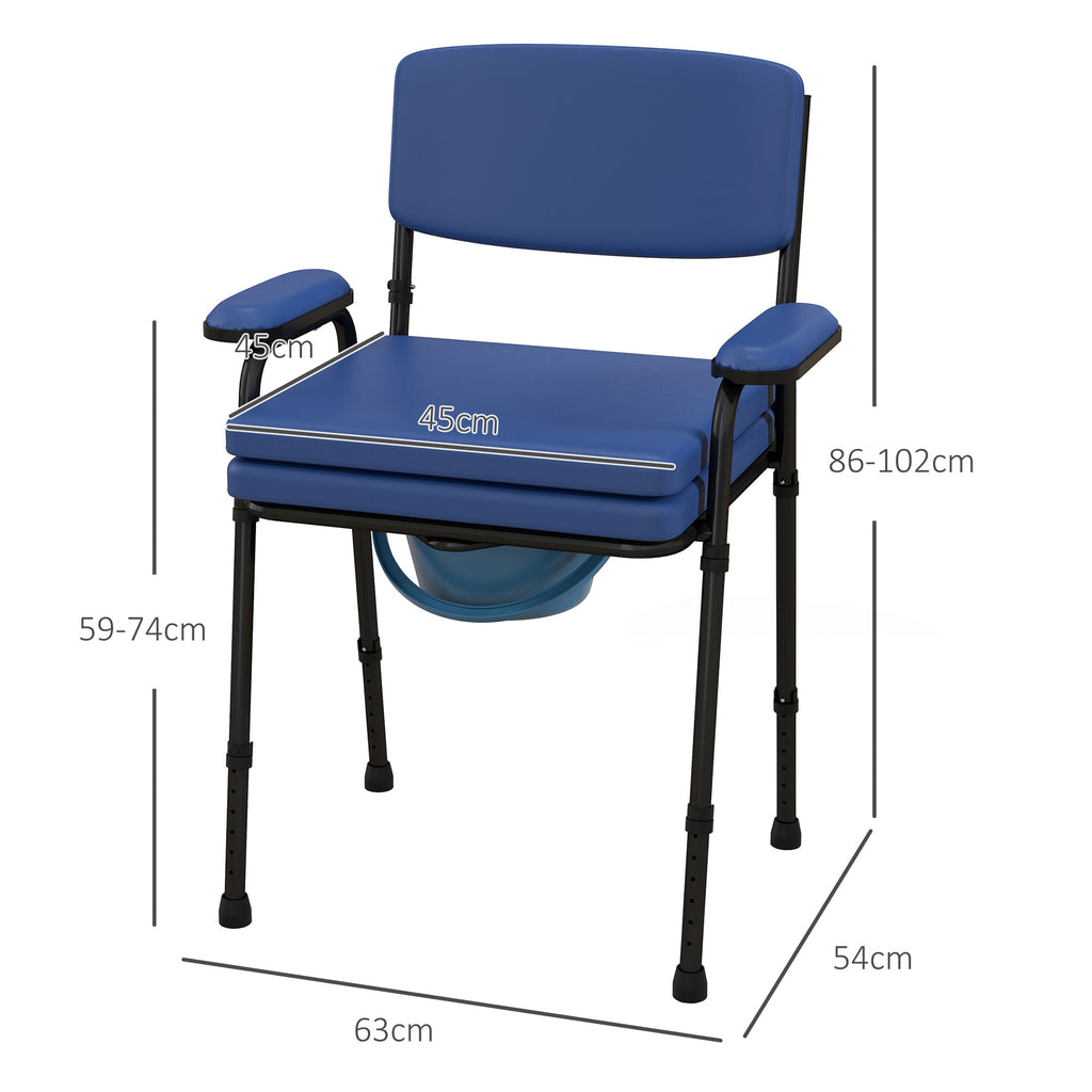 Chaise percée toilette multifonctions seau amovible hauteur réglable avec dossier siège et accoudoirs rembourrés bleu-2